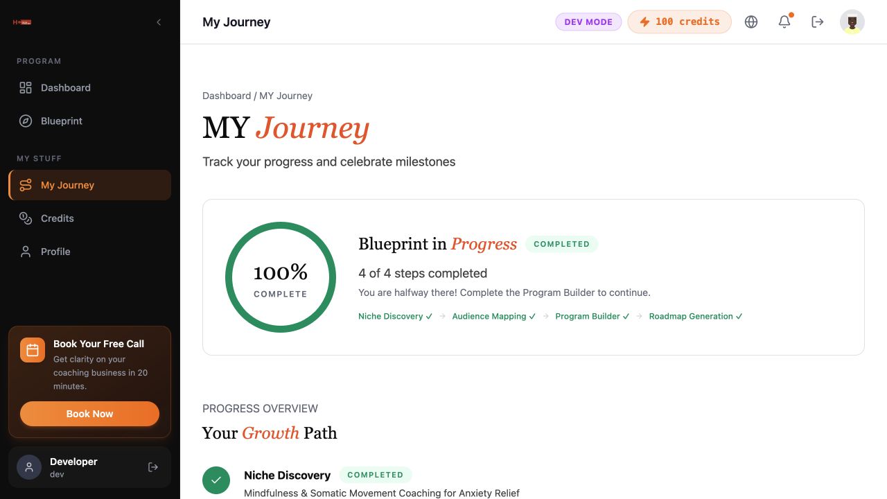 Discovery Engine journey view showing completed progress and blueprint milestones