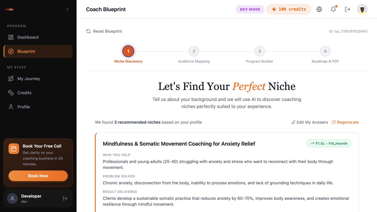 Discovery Engine niche recommendation with audience, problem, outcome, and market context