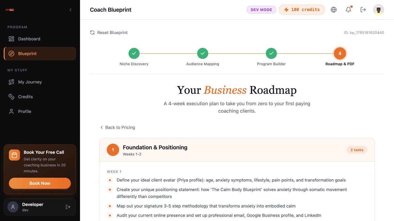 Discovery Engine four-week business roadmap with weekly launch actions